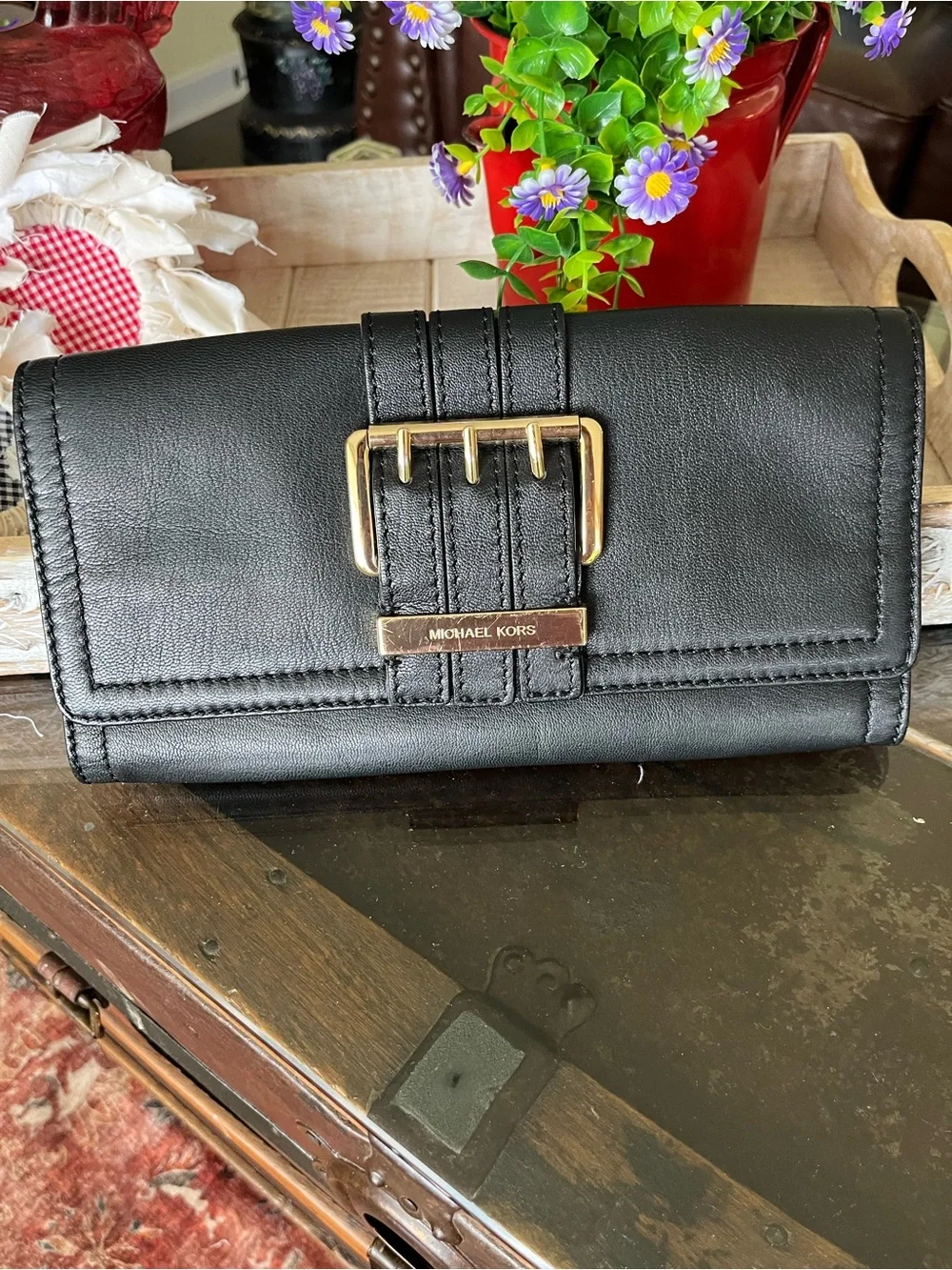 Vintage Michael Kors Black Leather Buckle Continental Wallet with Gold Hardware